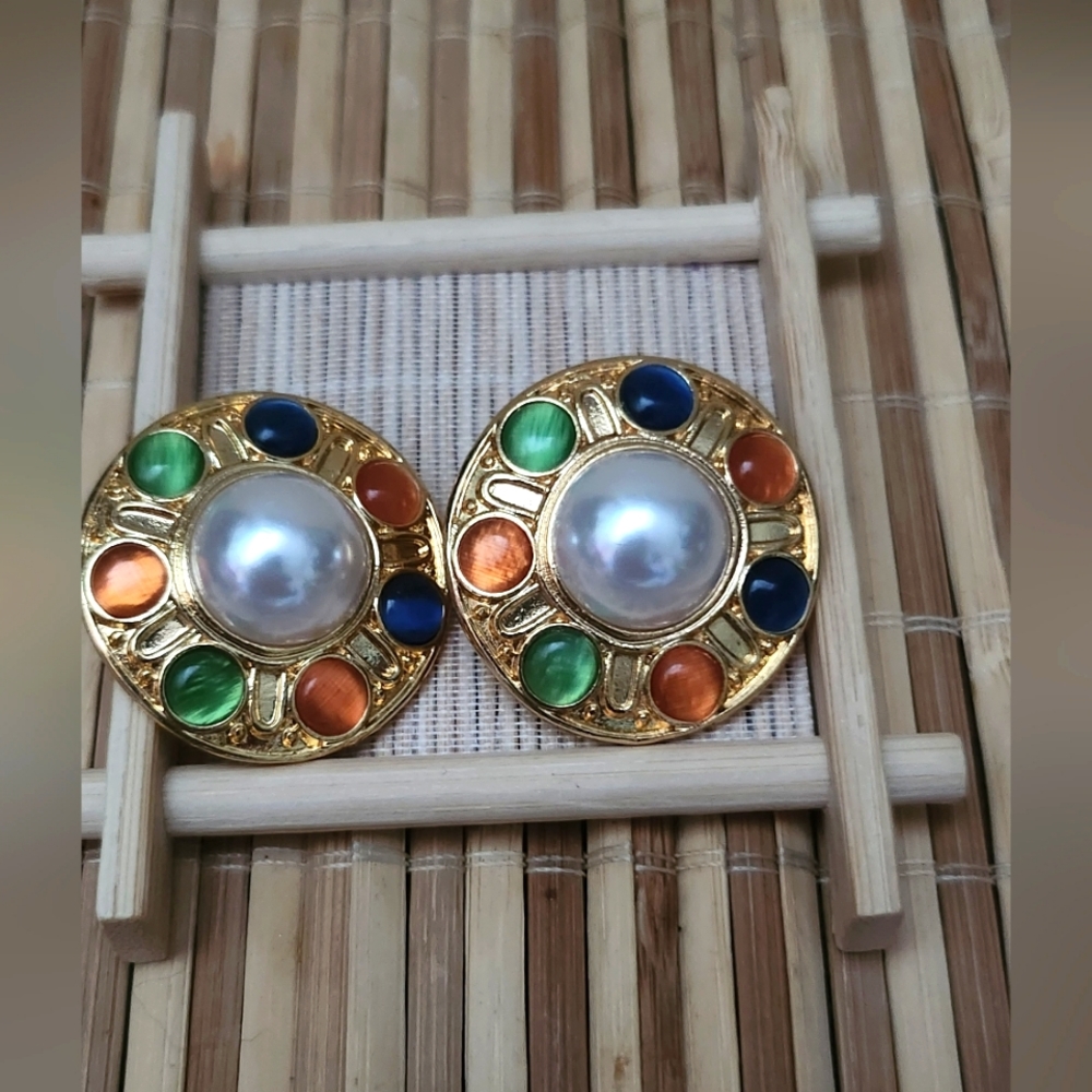 Vintage Monet Gold Tone Runway Couture Earringa